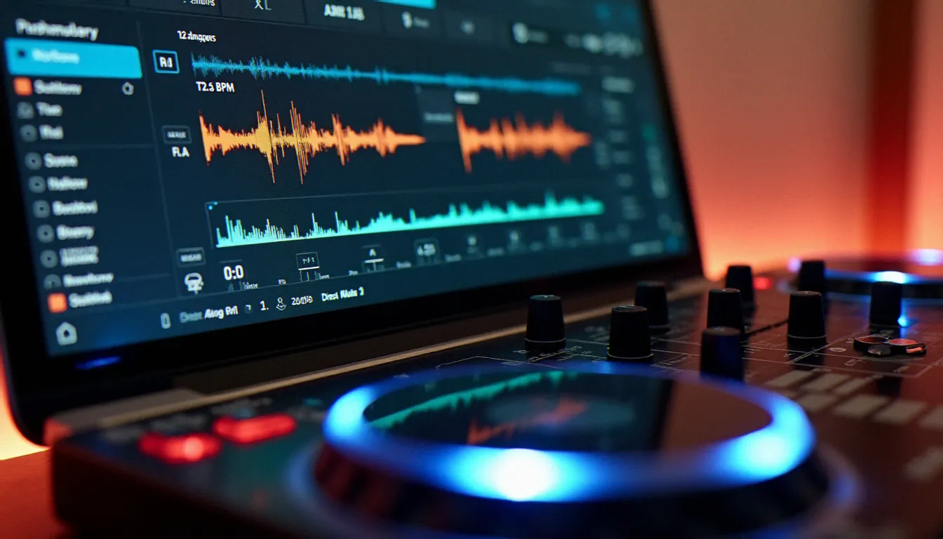 Interface d'un logiciel de mixage DJ affichant des formes d'onde et les contrôles BPM sur un écran d'ordinateur