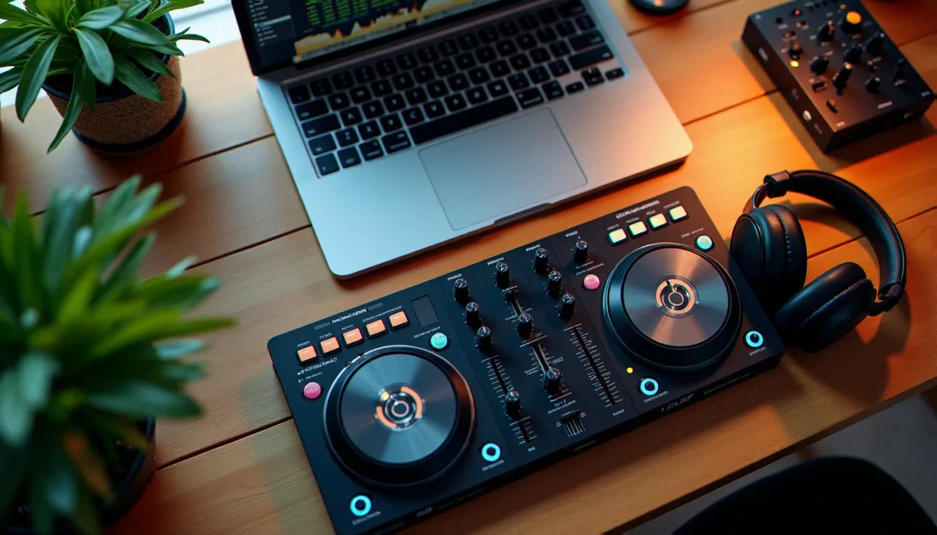 Vue aérienne d'un setup DJ home studio avec contrôleur, casque de monitoring et interface audio associés à un logiciel pour mixer musique