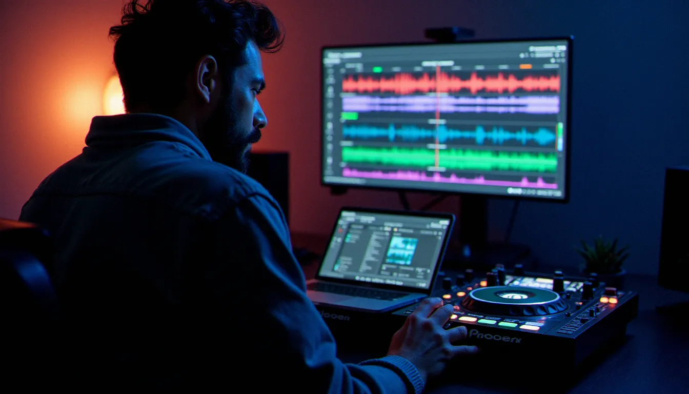 DJ devant un logiciel pour mixer musique sur ordinateur avec des platines Pioneer dans un studio home