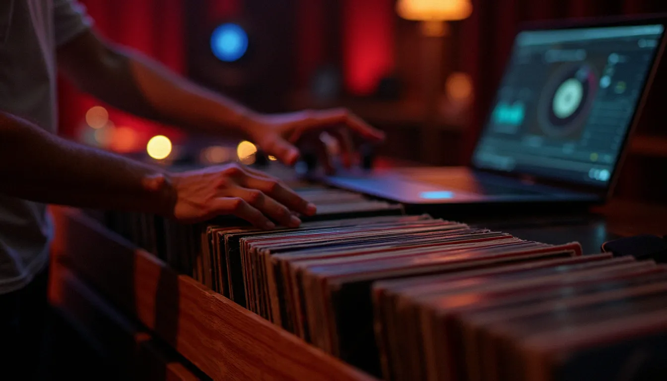 DJ organisant une collection de compilations musicales sur vinyle
