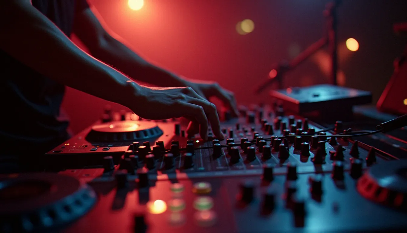 Mains d'un DJ ajustant les equalizers sur une console de mixage analogique