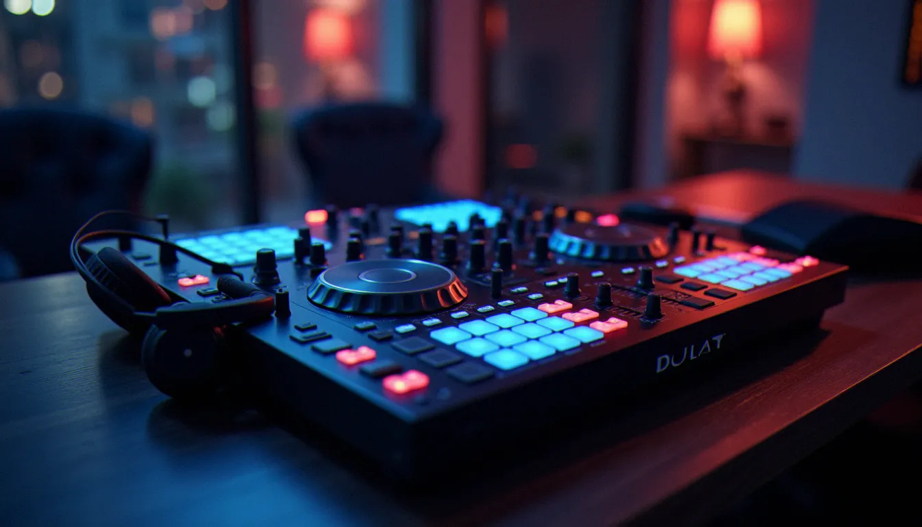 Console de mixage professionnelle avec faders et boutons illuminés dans un studio moderne