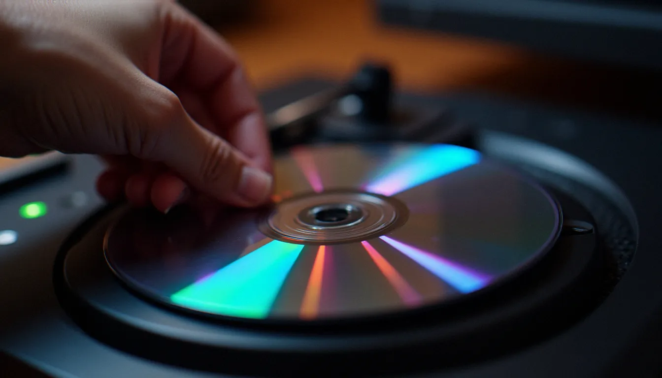 Main insérant un disque compact dans un lecteur professionnel