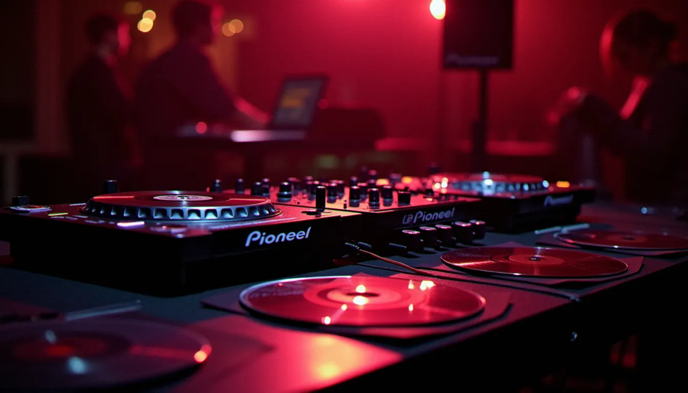 Installation DJ professionnelle avec platines Pioneer et disques CD-R sur la table de mixage