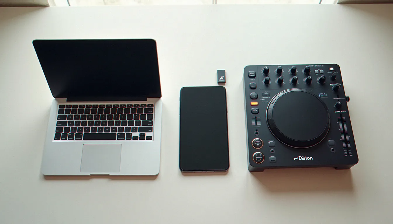 Comparaison d'un ordinateur portable, d'une tablette et d'un lecteur DJ autonome posés côte à côte sur une table