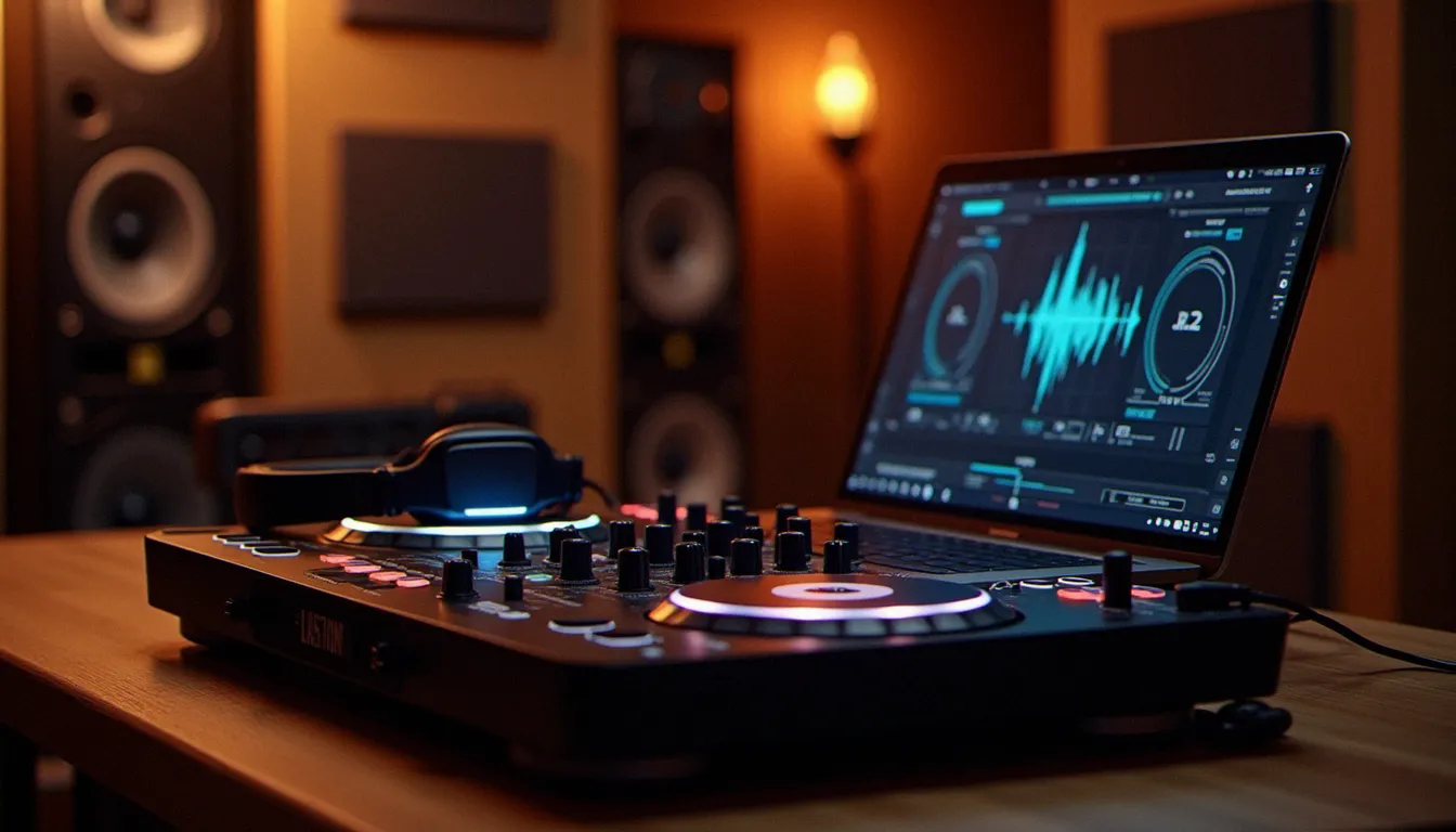 Ordinateur portable posé à côté d'un contrôleur DJ dans un studio, illustrant le choix d'un appareil informatique pour mixer