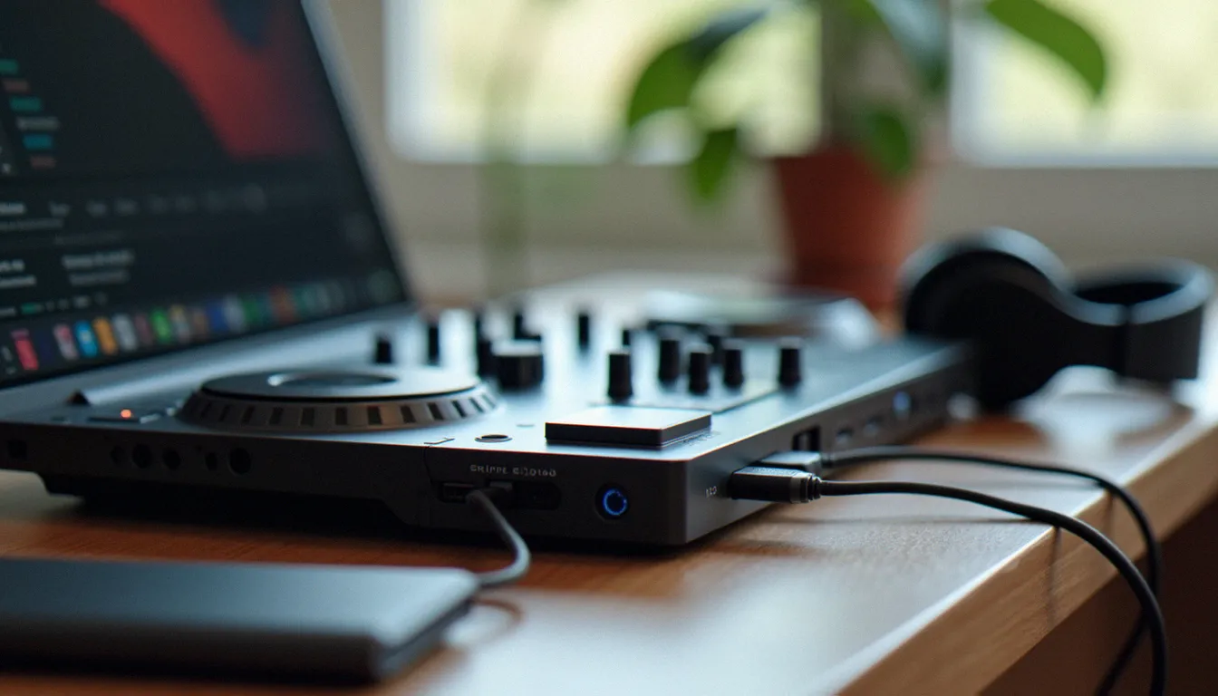 Ordinateur portable relié à un contrôleur DJ avec hub USB-C, câbles courts et SSD externe posés sur un bureau