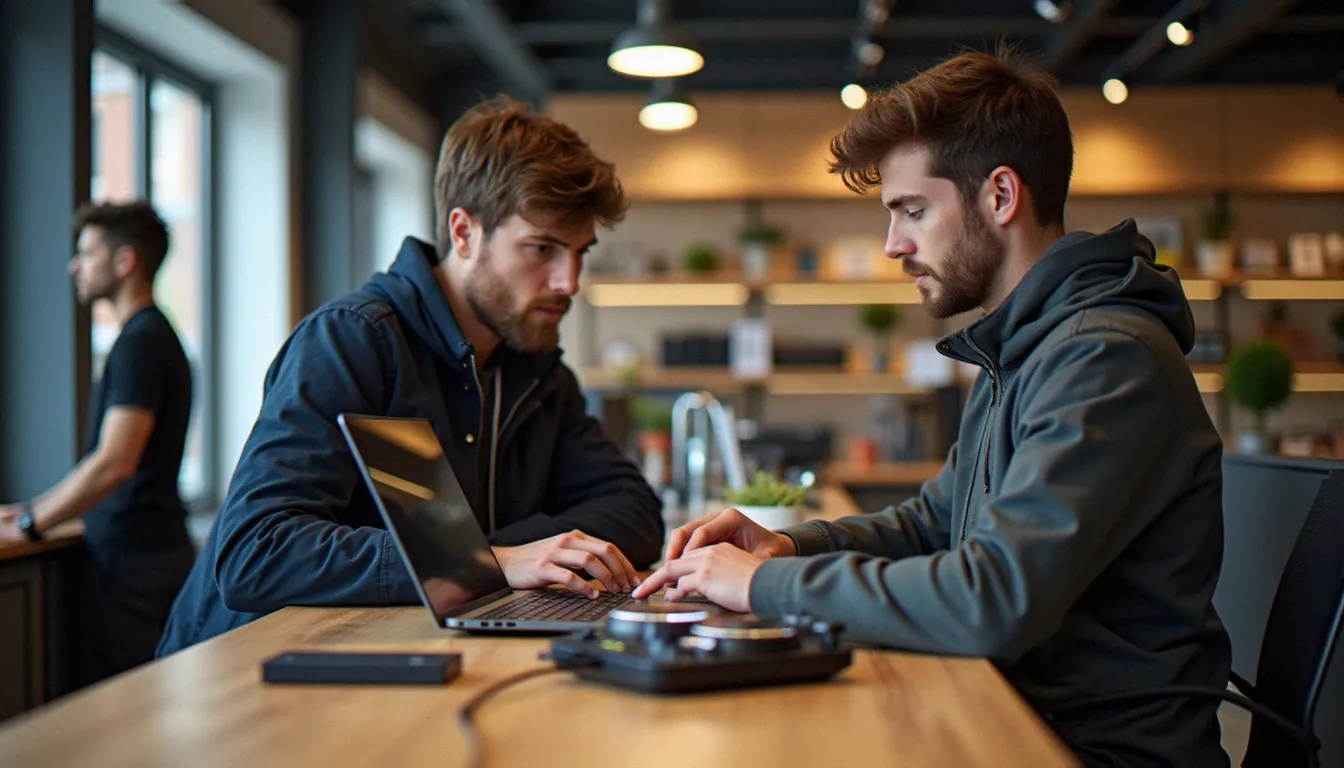 DJ comparant deux ordinateurs portables au comptoir d'une boutique informatique, avec un contrôleur, des câbles et un SSD externe