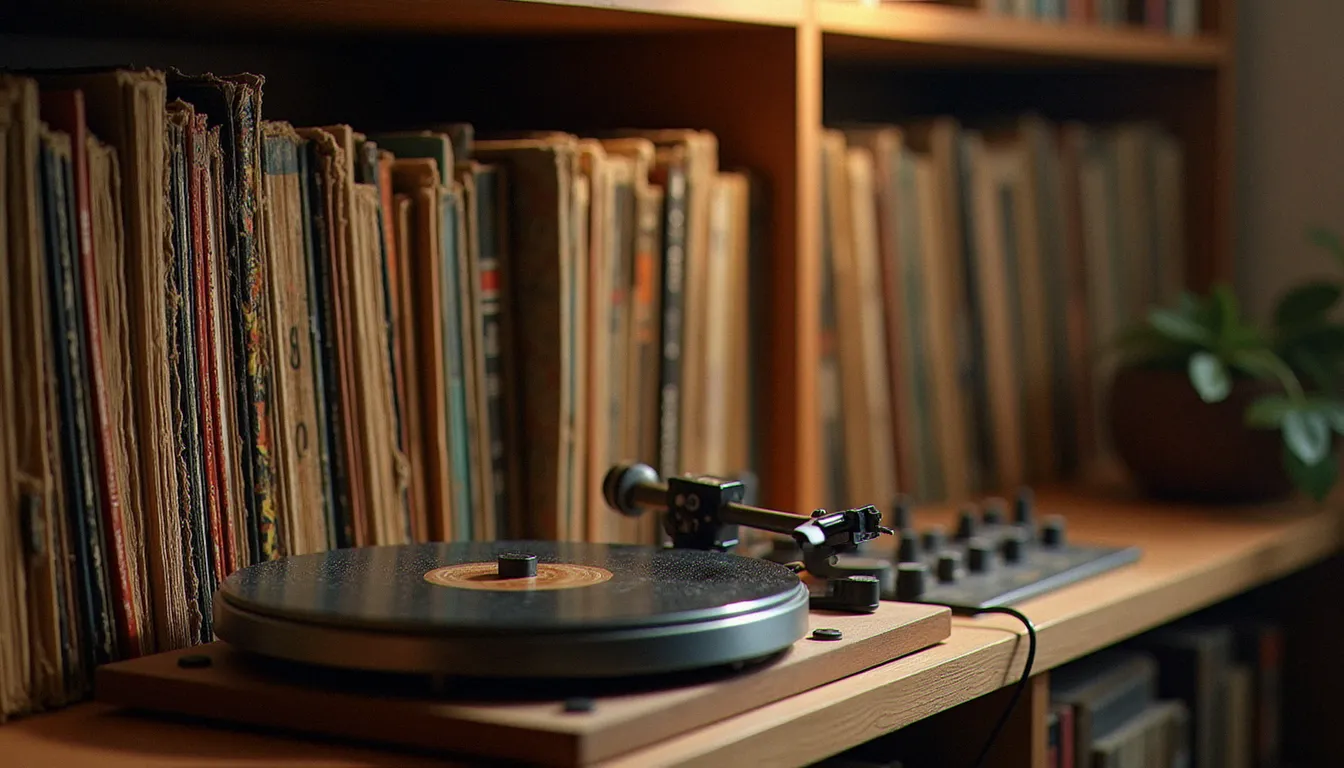 Collection de vinyles vintage et matériel DJ sur une étagère en bois