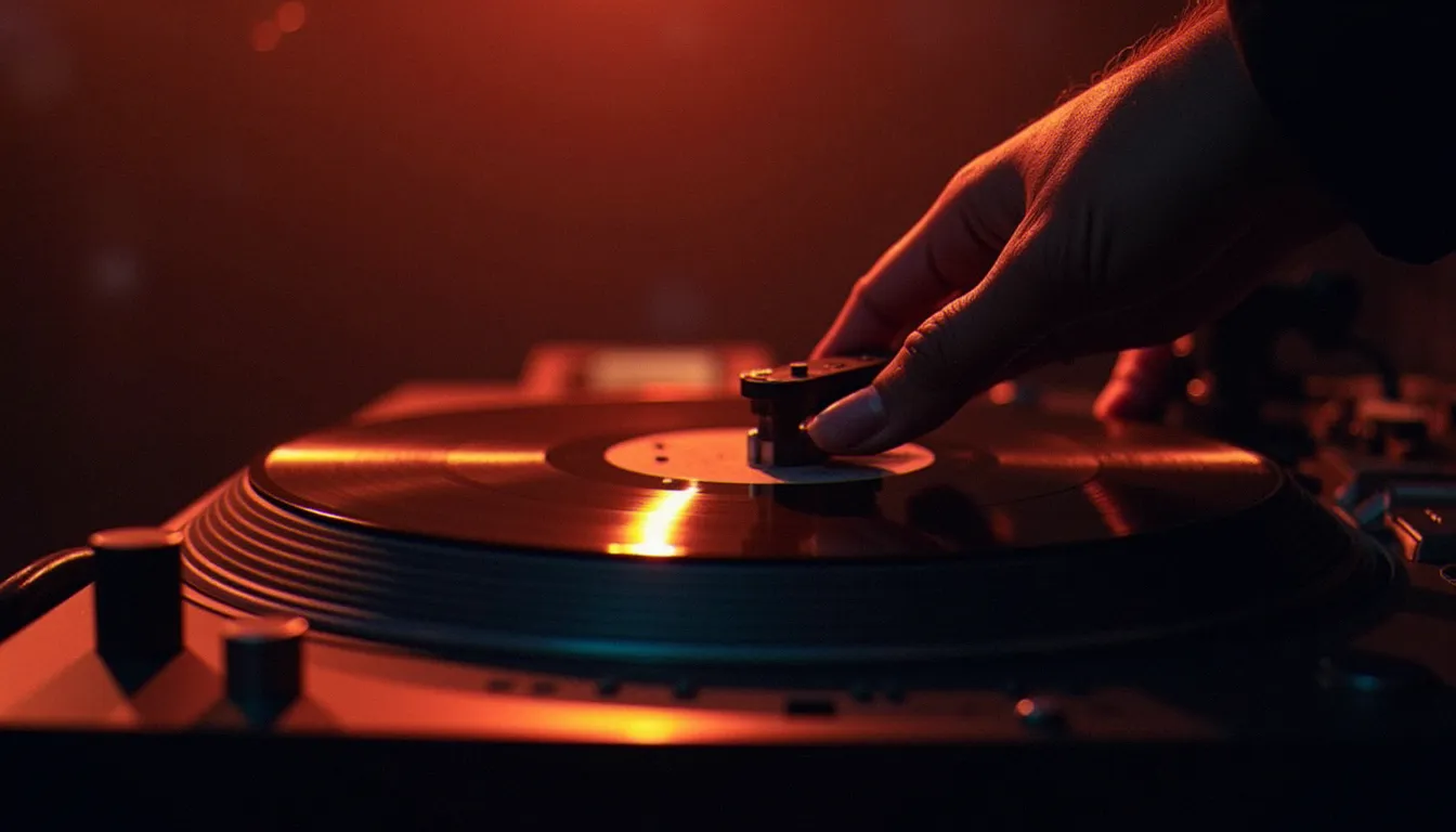 Un DJ manipule un vinyle sur platine pendant un set, illustrant l'utilisation des breaks en musique