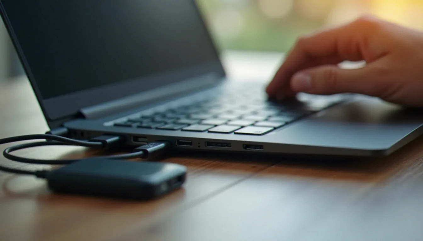 Gros plan sur les ports USB d'un ordinateur portable relié à un hub alimenté pour une configuration de mixage