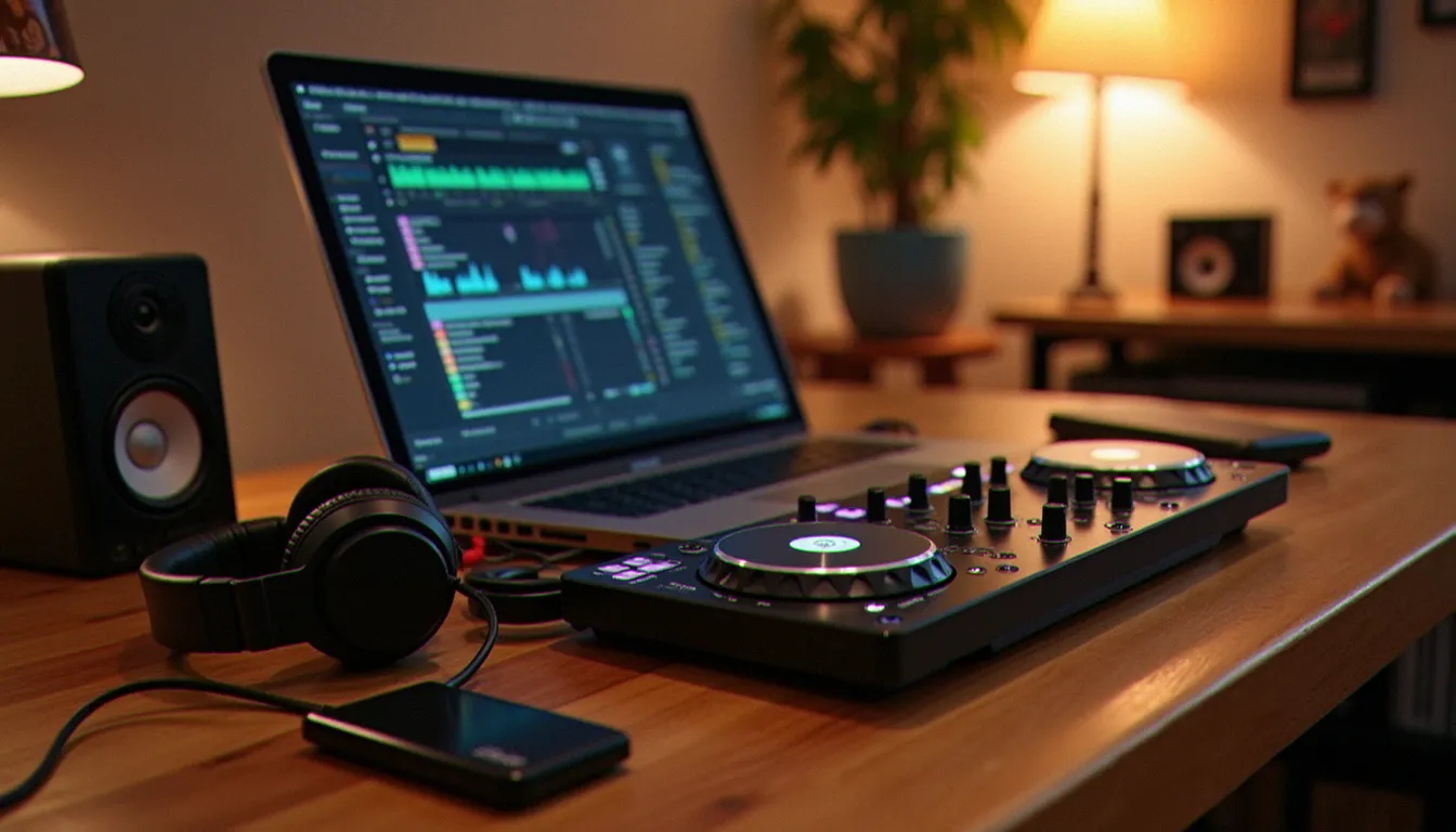 Ordinateur portable relié à un contrôleur DJ compact sur un bureau en bois, avec casque et disque externe, illustrant des matériels informatiques pour débuter en DJing