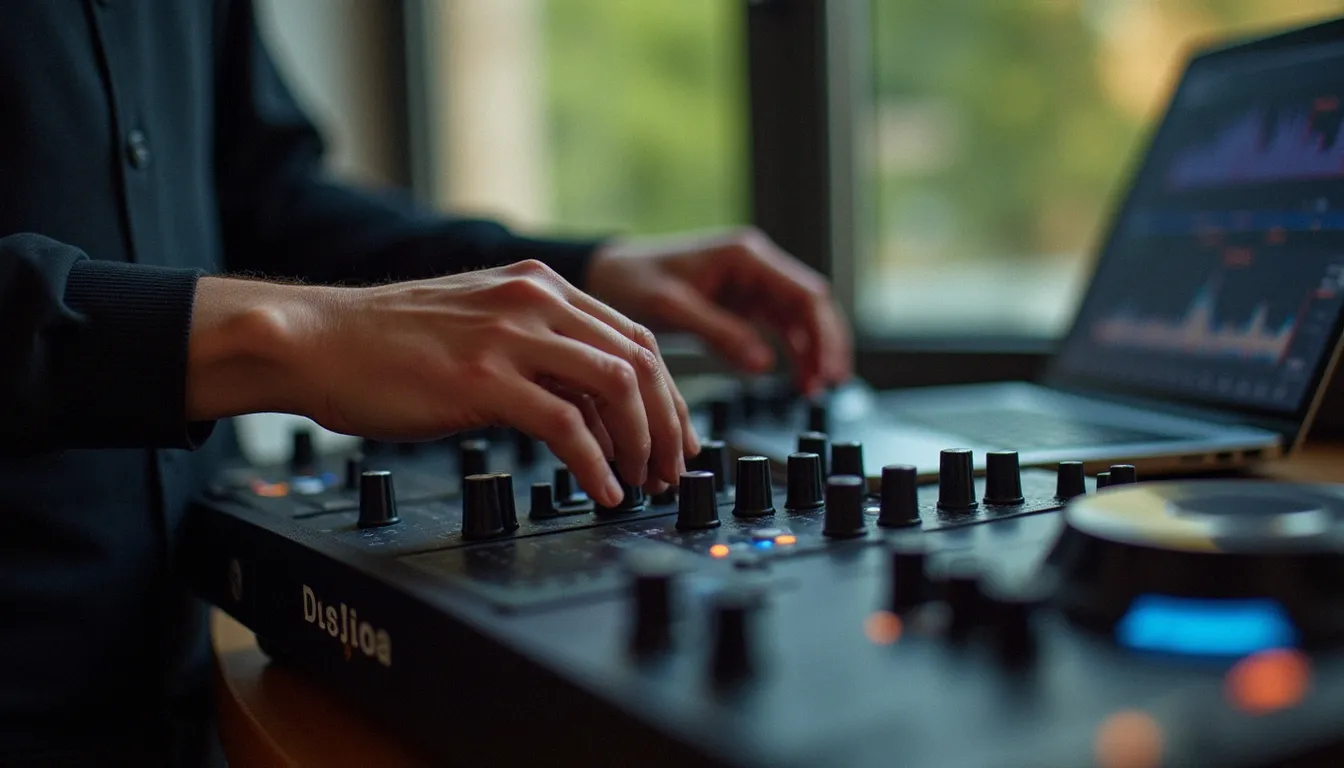 Mains d'un DJ réglant les faders et l'égaliseur d'un contrôleur pour comparer contrôleur, platines et mixette