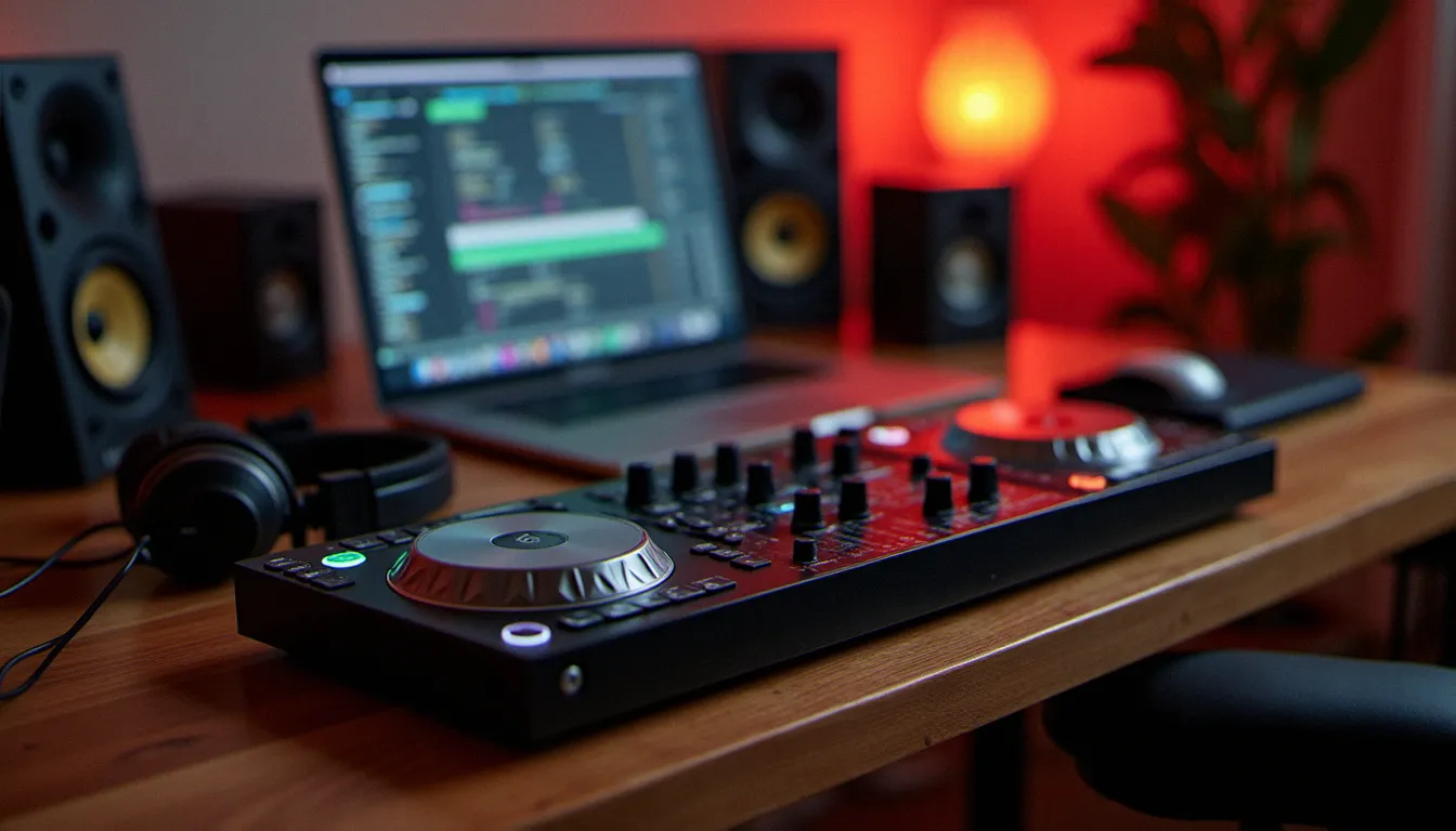 Installation de débutant avec le matériel DJ : contrôleur, ordinateur portable, casque et enceintes de monitoring sur un bureau