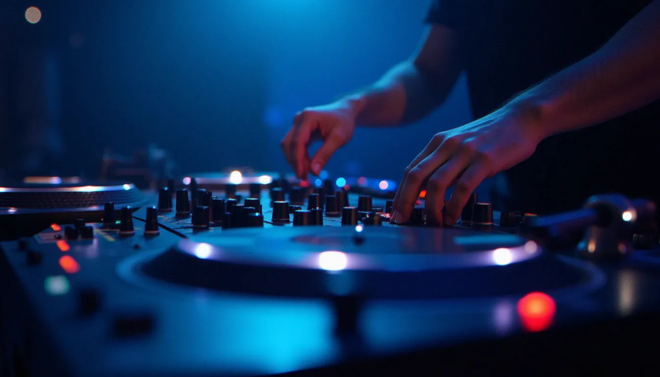 Comparaison des types d'équipement DJ en cabine : platines multimédia, table de mixage et platine vinyle au second plan