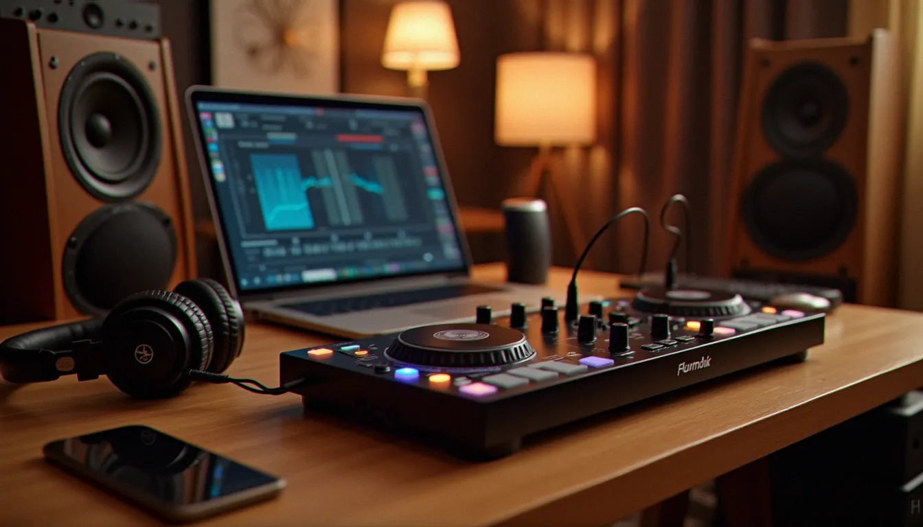 Installation d'un débutant avec le matériels DJ : contrôleur compact, ordinateur portable, casque fermé et enceintes de monitoring sur un bureau en bois