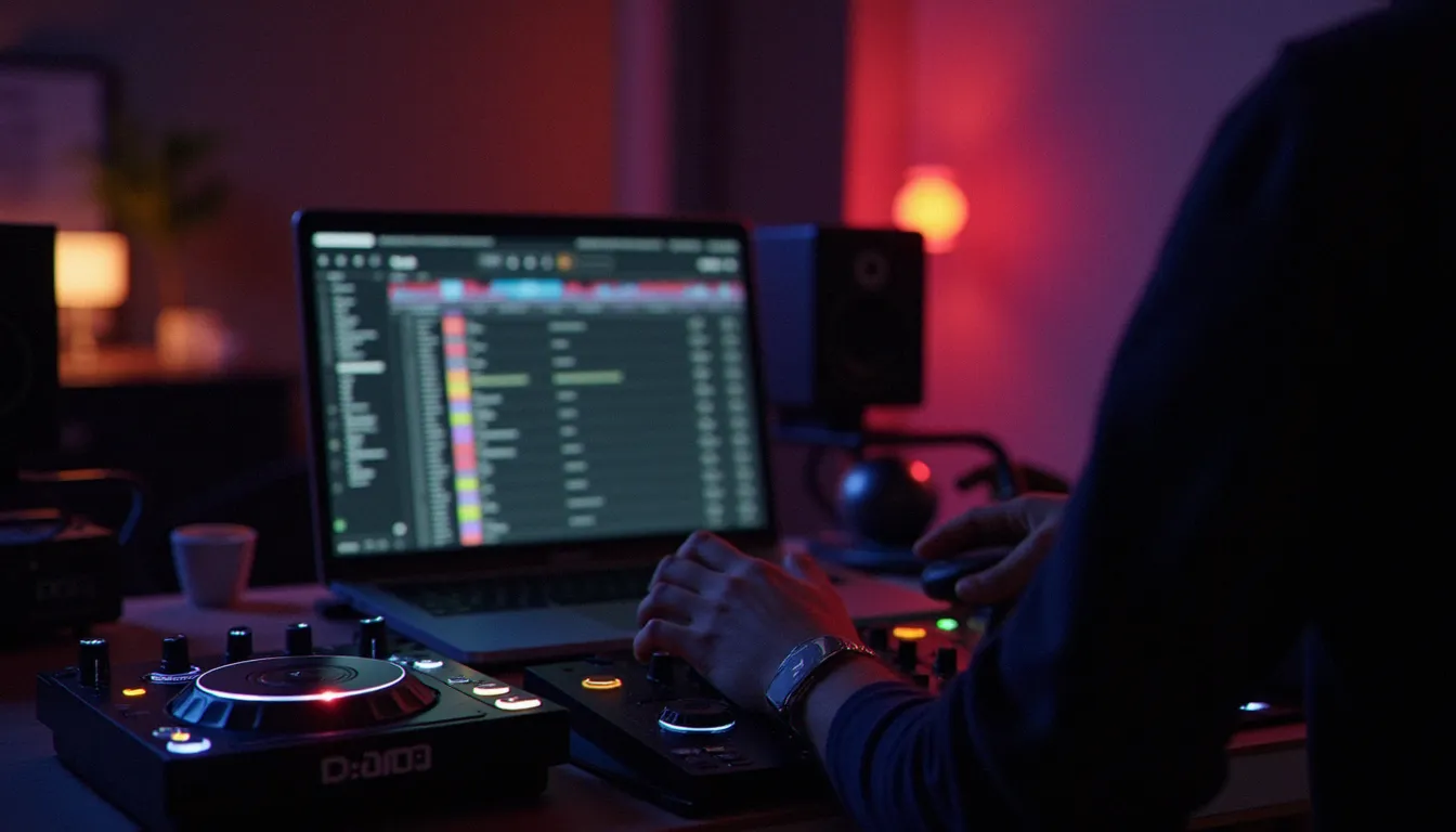 DJ préparant ses playlists avec un logiciel playlist DJ sur ordinateur portable et un contrôleur dans un studio à domicile