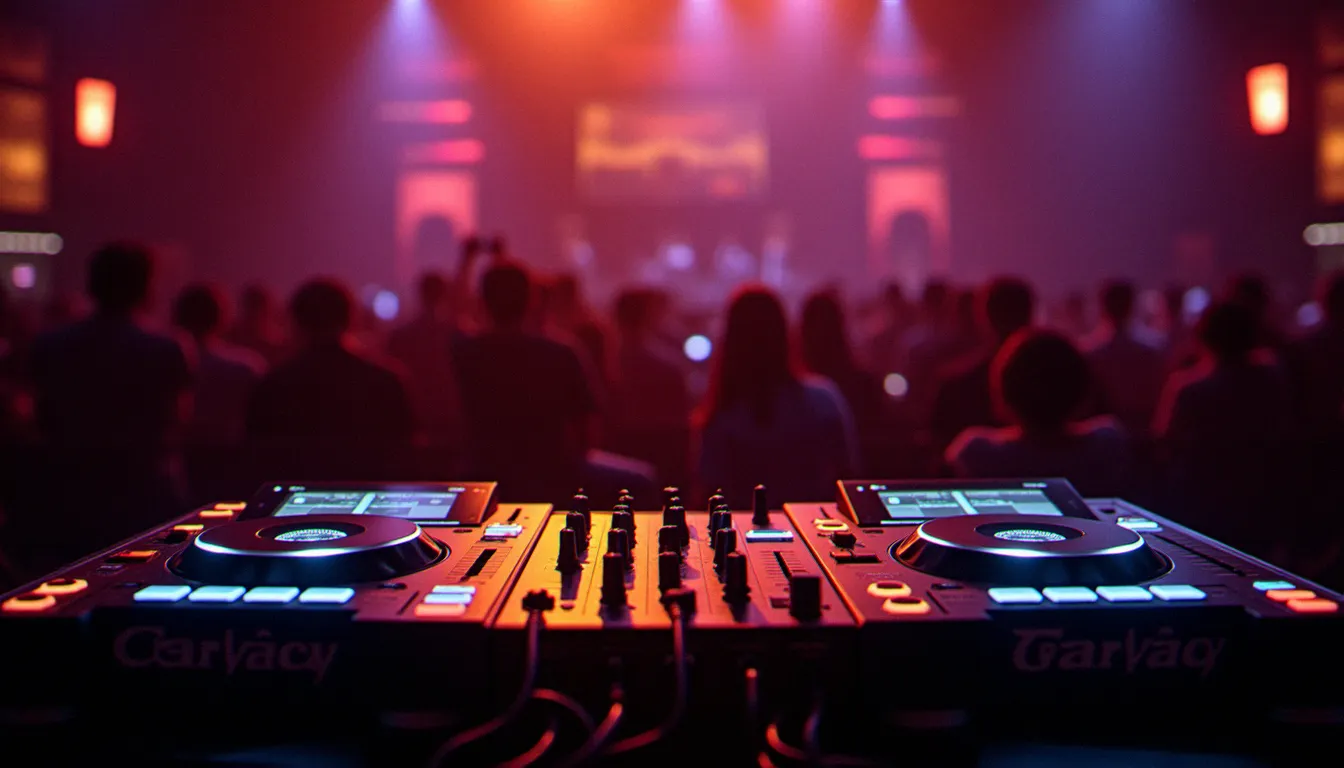 setup DJ professionnel avec CDJs et mixer sur scène en club