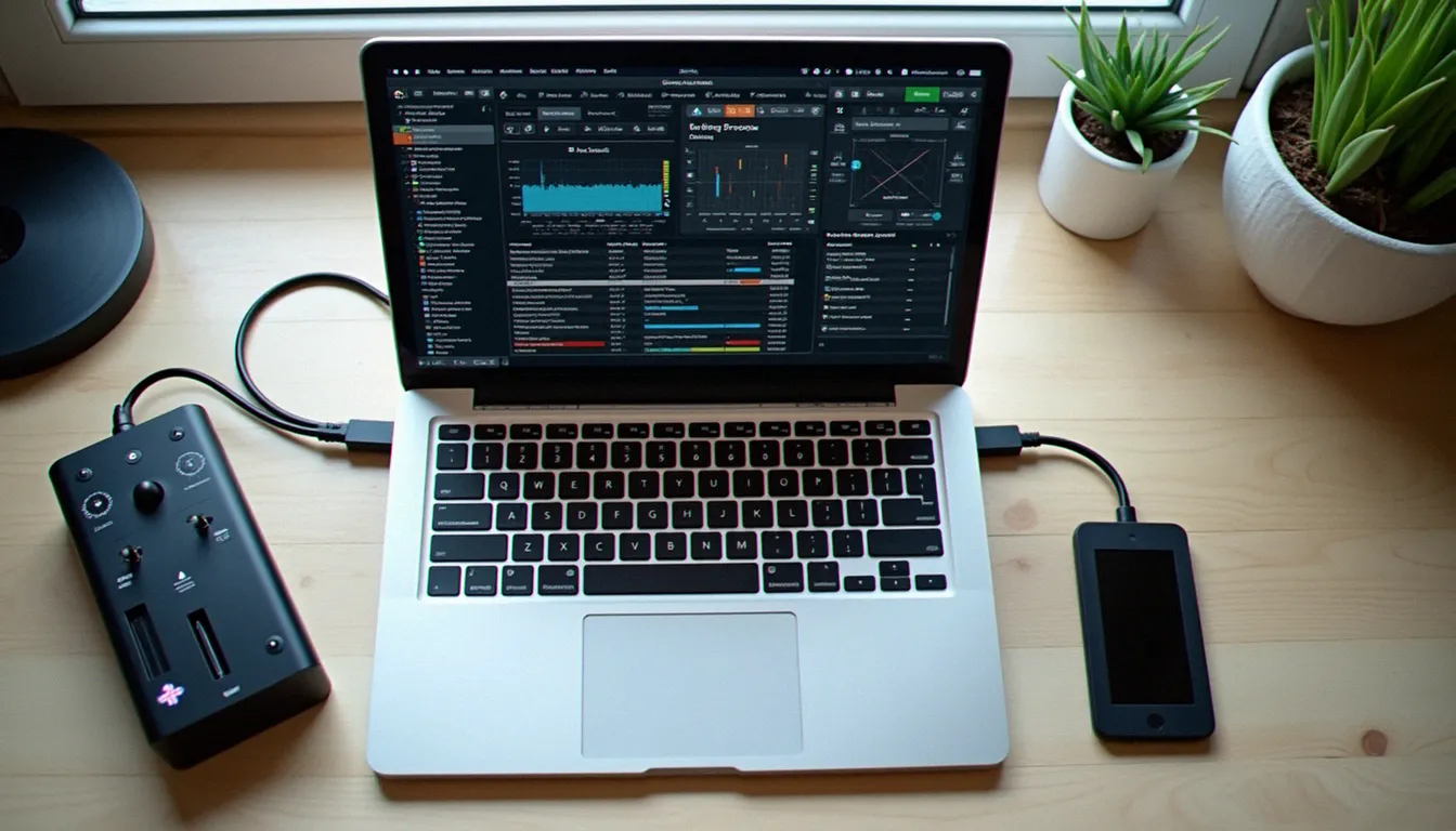 Ordinateur portable avec logiciel DJ et périphériques connectés sur bureau