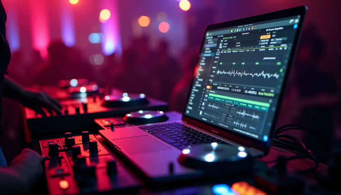 Setup DJ avec ordinateur portable et contrôleur de mixage en ambiance club