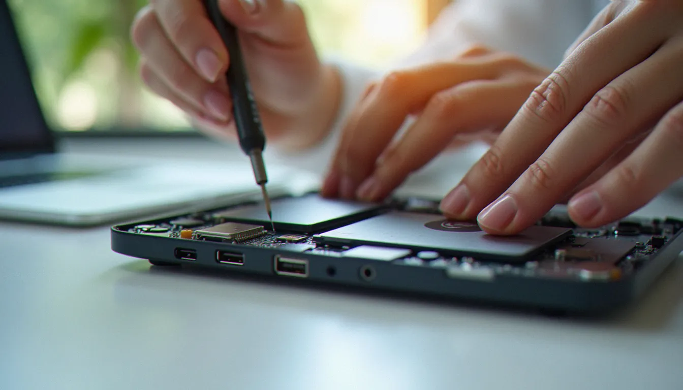 Mains vérifiant le SSD et la mémoire vive d'un ordinateur portable sur un établi, étape clé de la configuration minimale