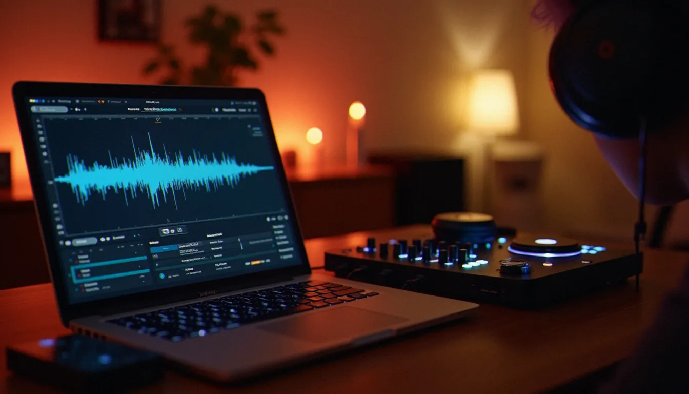 Poste de travail de DJ débutant avec ordinateur portable, contrôleur et casque, illustrant le matériel informatique pas cher