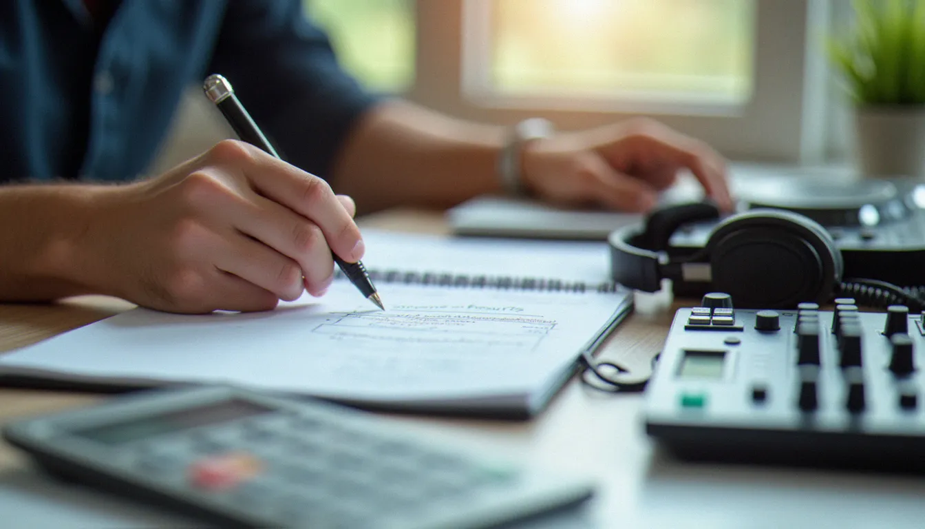 Mains notant un budget à côté d'une calculatrice, d'un contrôleur DJ et d'un casque pour calculer le coût de l'équipement