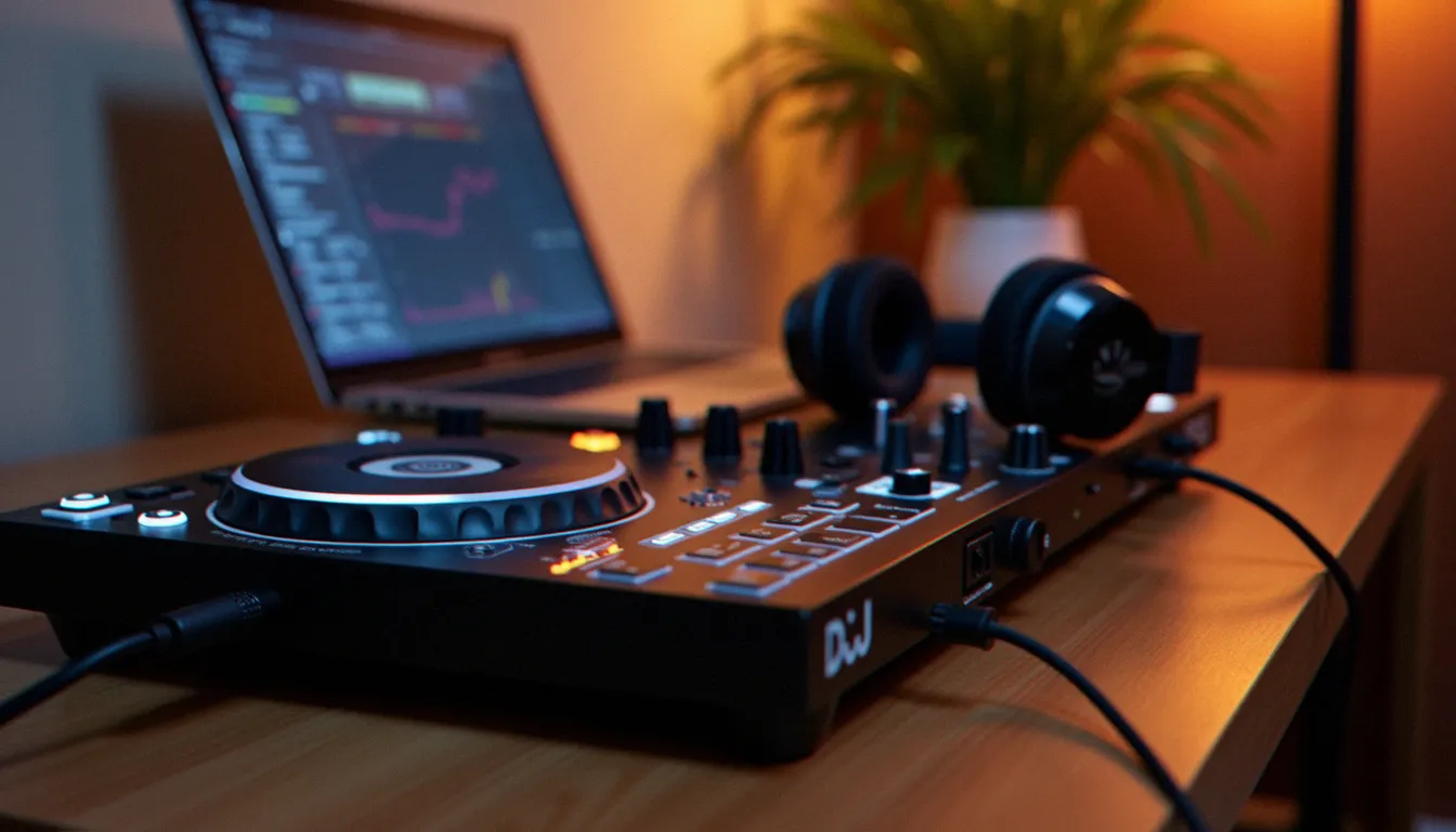 Setup de DJ débutant avec contrôleur, ordinateur portable et casque, illustrant le net materiel d'un équipement complet