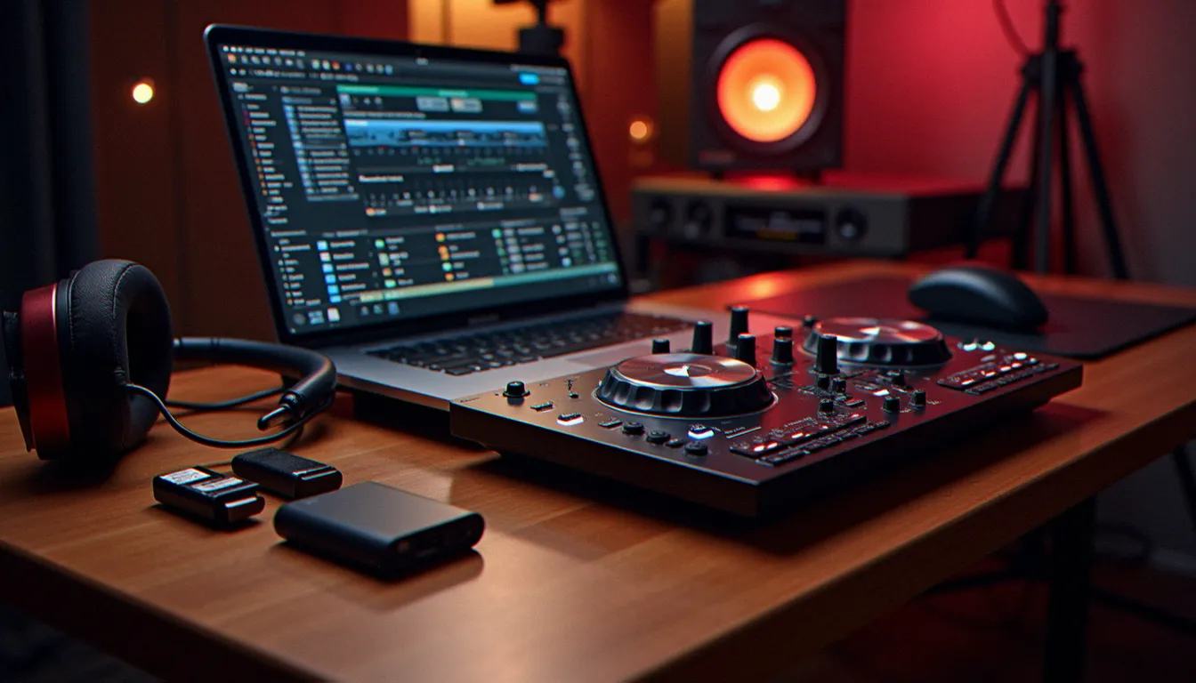 Poste de DJ avec ordinateur portable, contrôleur, casque et SSD externe illustrant les produits informatiques essentiels
