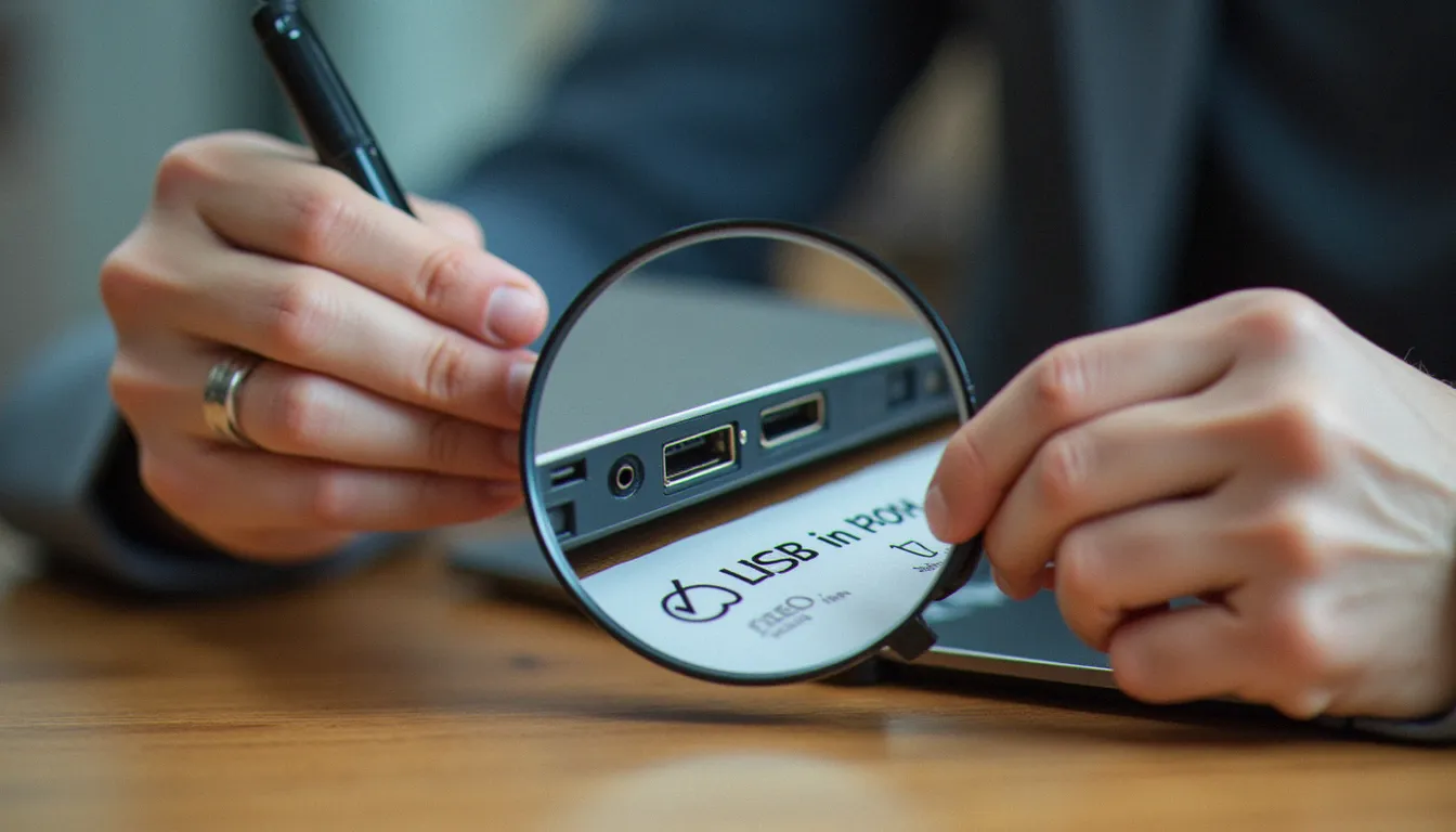 Mains vérifiant les ports et la fiche technique d'un ordinateur portable pour juger la fiabilité d'un site informatique