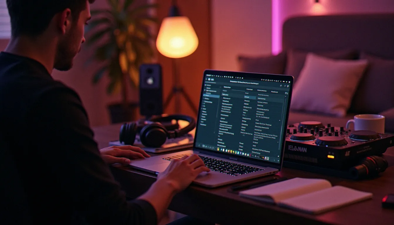 DJ comparant des ordinateurs portables sur un site informatique dans son studio, à côté d'un contrôleur DJ et d'un casque