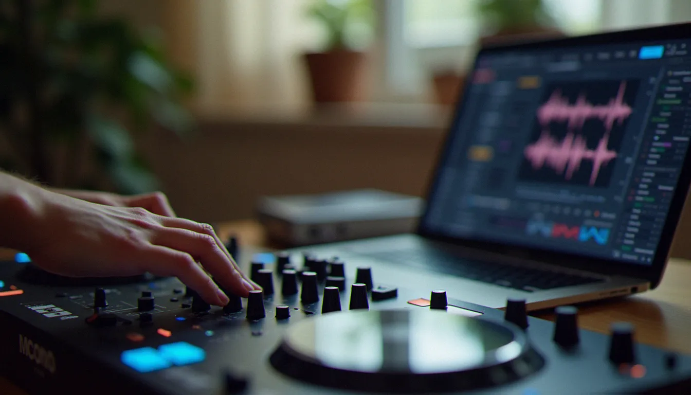 Mains d'un DJ réglant les faders et potentiomètres d'un contrôleur pour choisir un matériel adapté à son budget