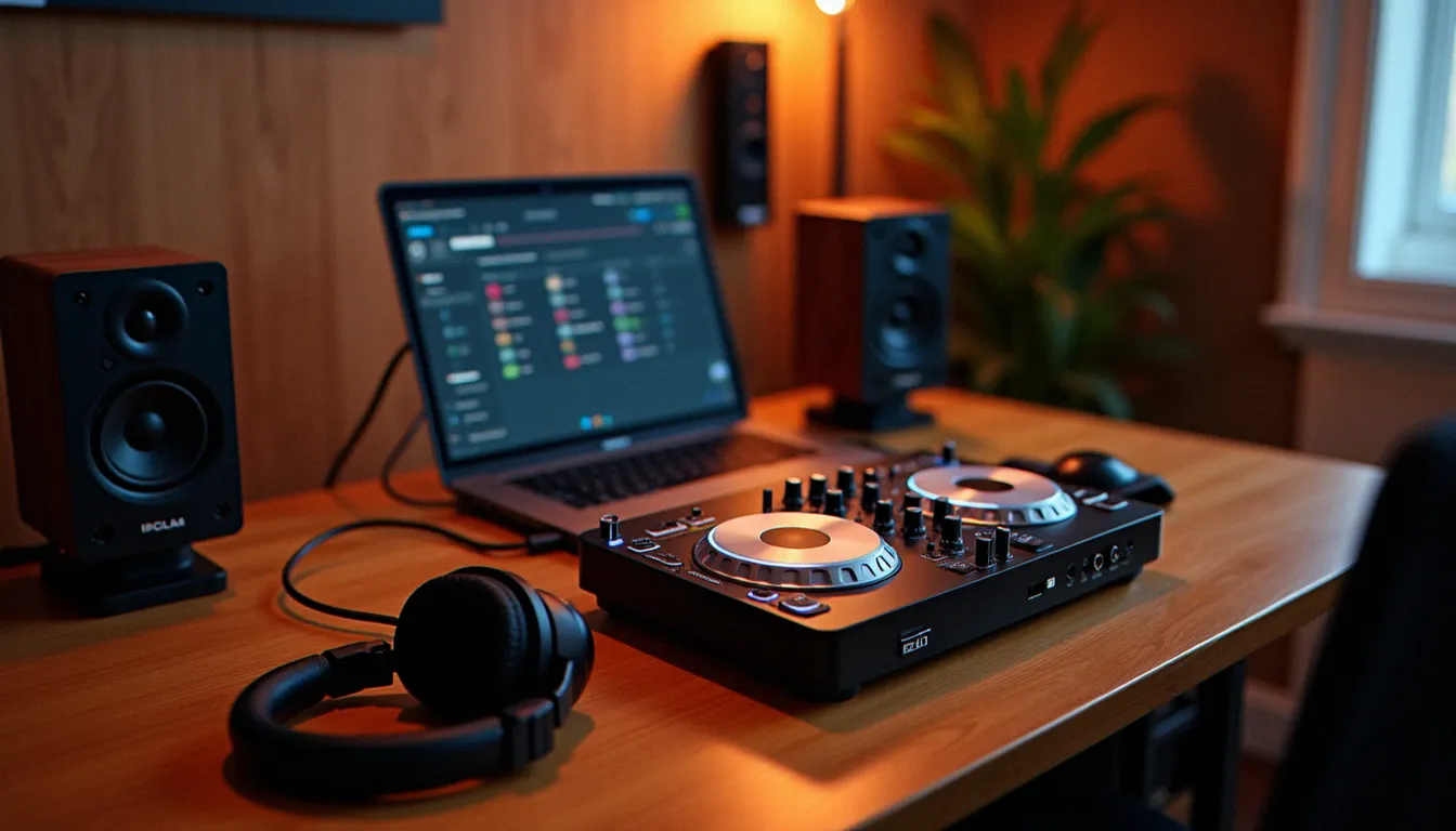 Un matériel DJ de débutant installé sur un bureau : contrôleur USB, ordinateur portable, casque et enceintes de monitoring
